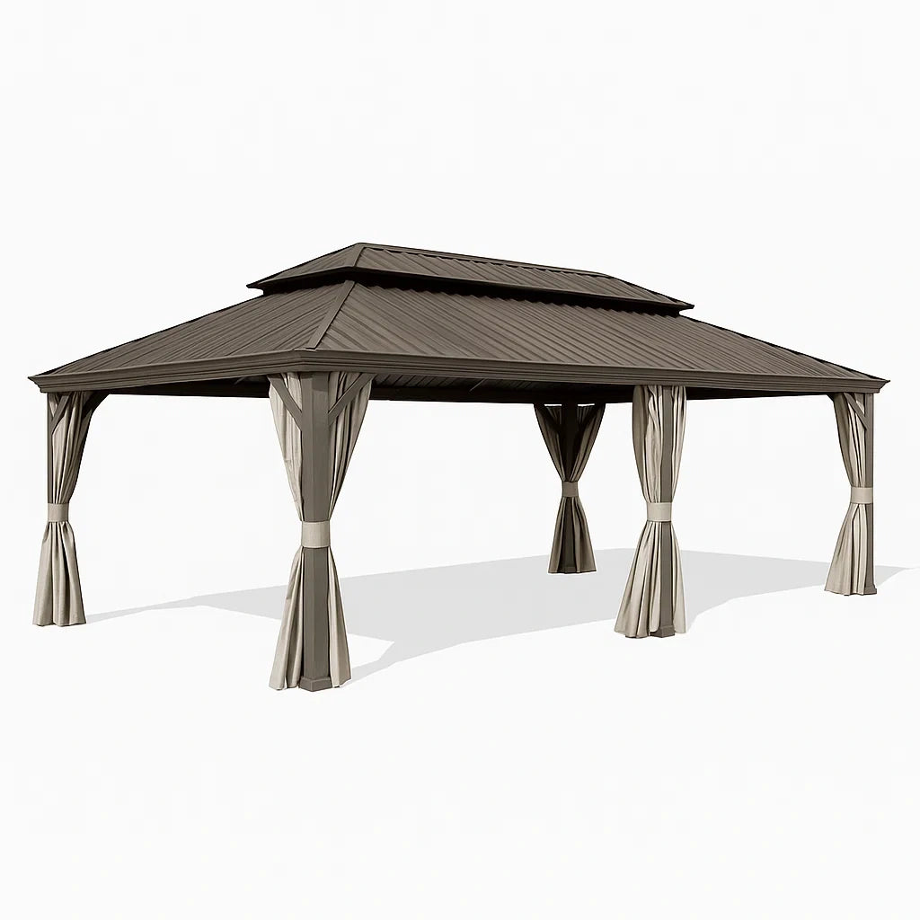 Gazebo in Alluminio con Tetto in Acciaio e Tende Poliestere Marrone