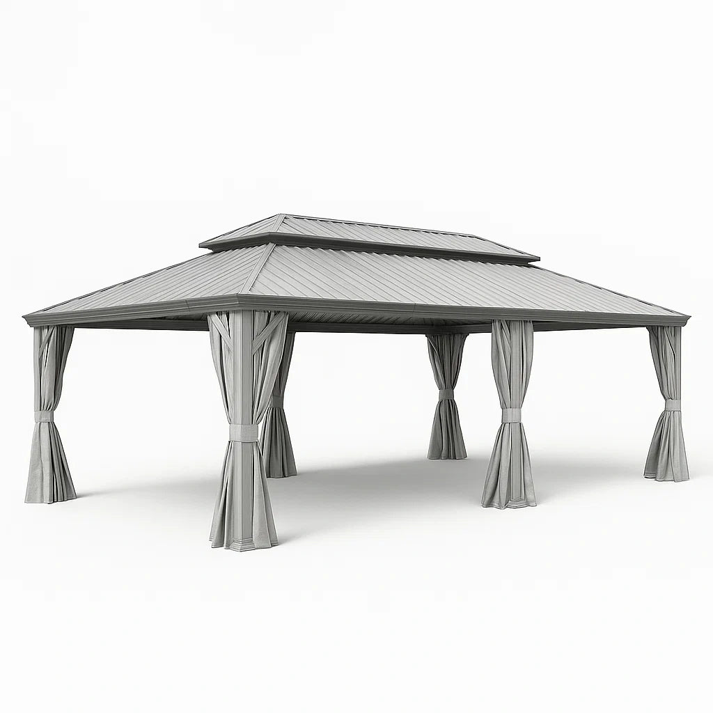 Gazebo in Metallo con Tende in Poliestere 400x300 cm Grigio