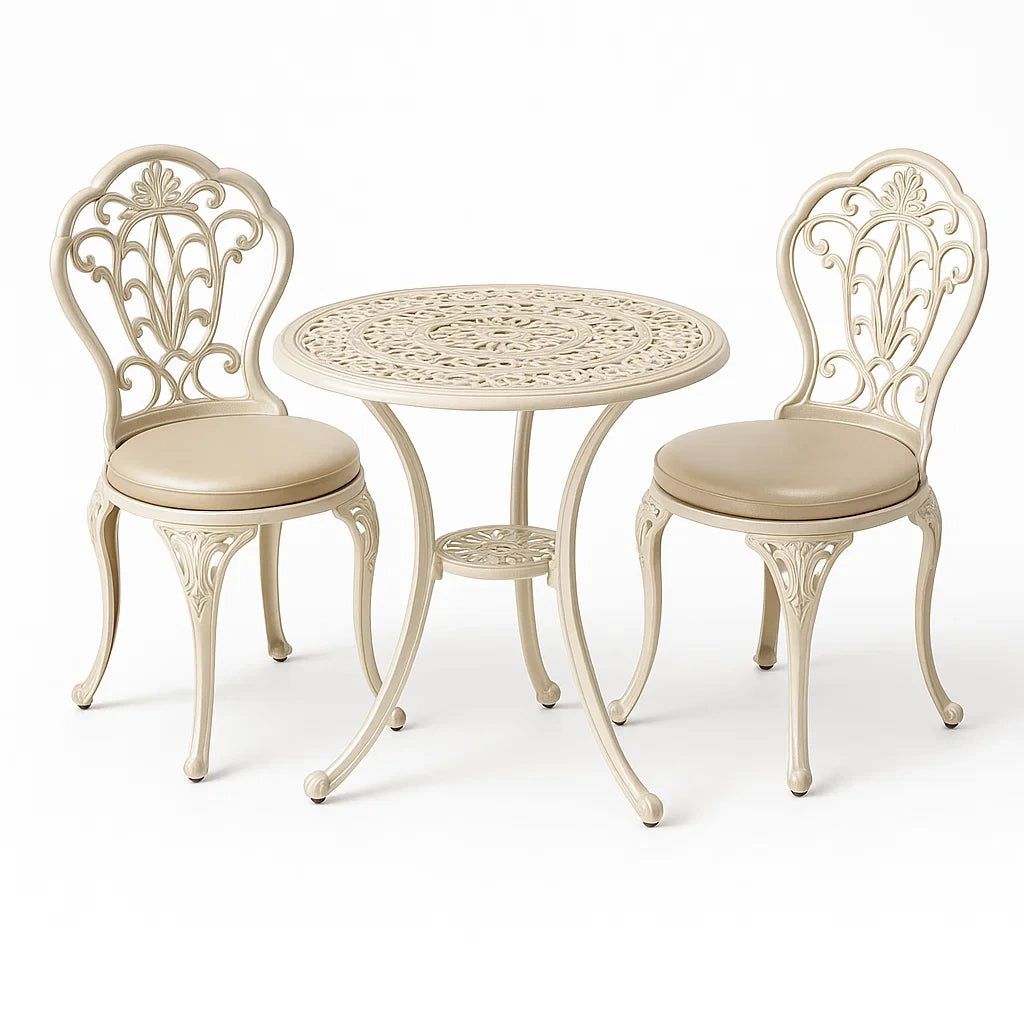 Set da bistrot in alluminio con sedie imbottite crema