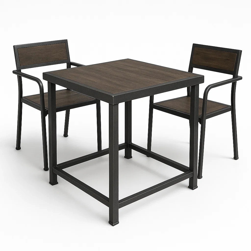 Set Tavolo in Metallo e Legno Composito con Due Sedie, Marrone e Nero