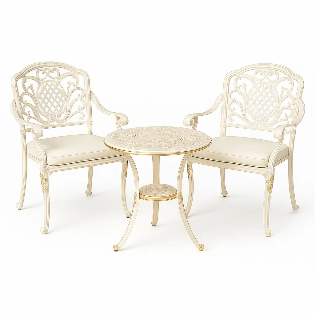 Set giardino 3 pezzi in alluminio con sedie e tavolino rotondo Bianco Crema