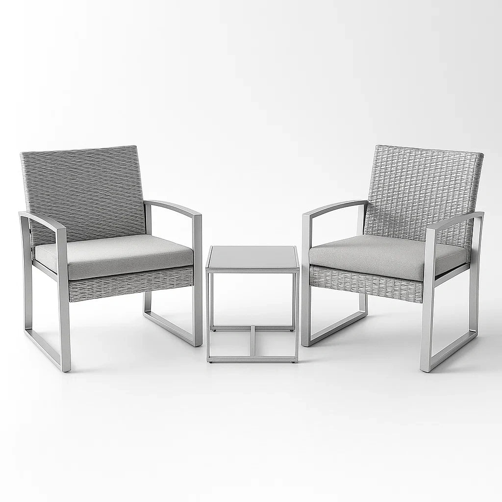 Set da Giardino in Metallo con Rattan e Tavolino in Vetro Temperato