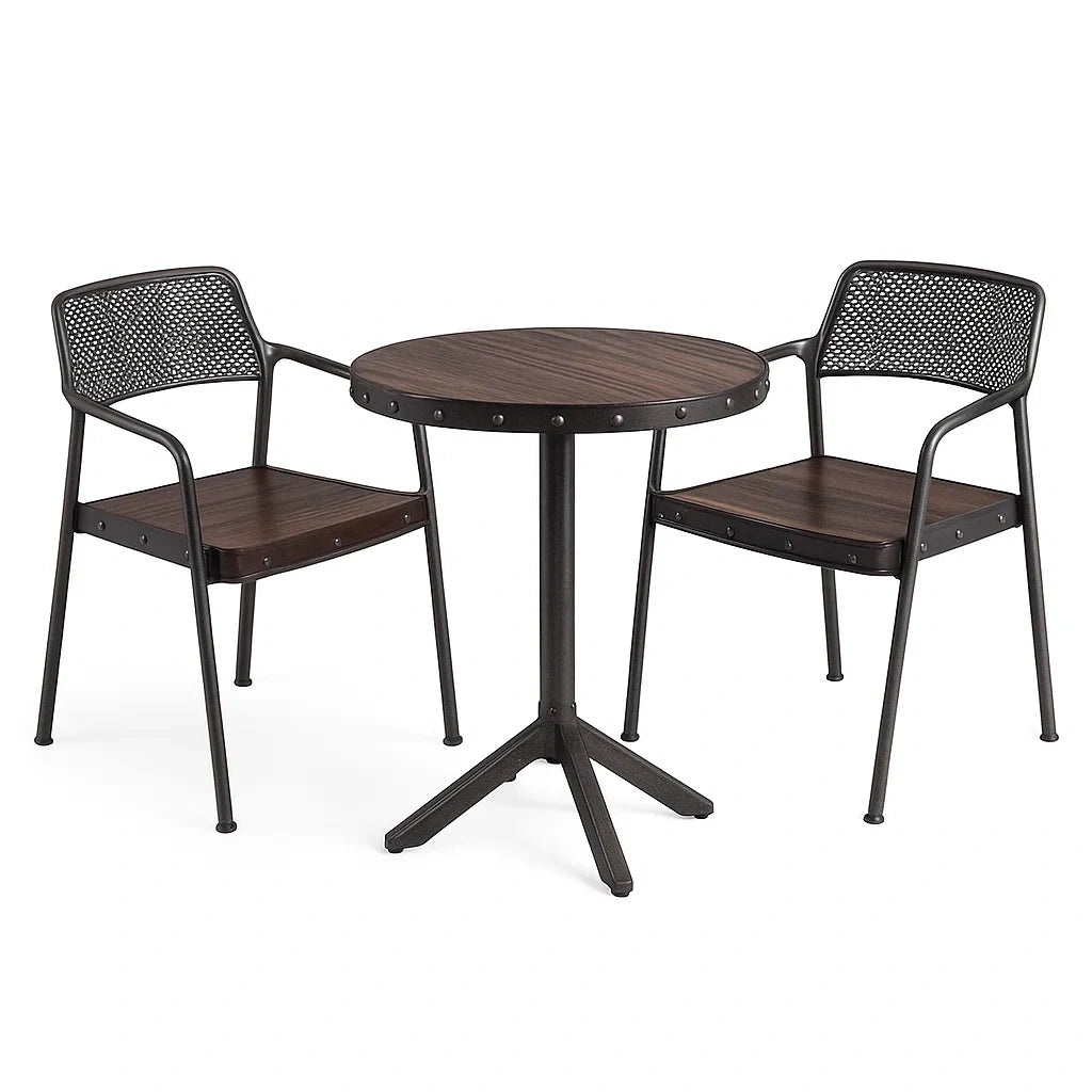 Set da esterno tavolo rotondo e sedie in metallo e MDF