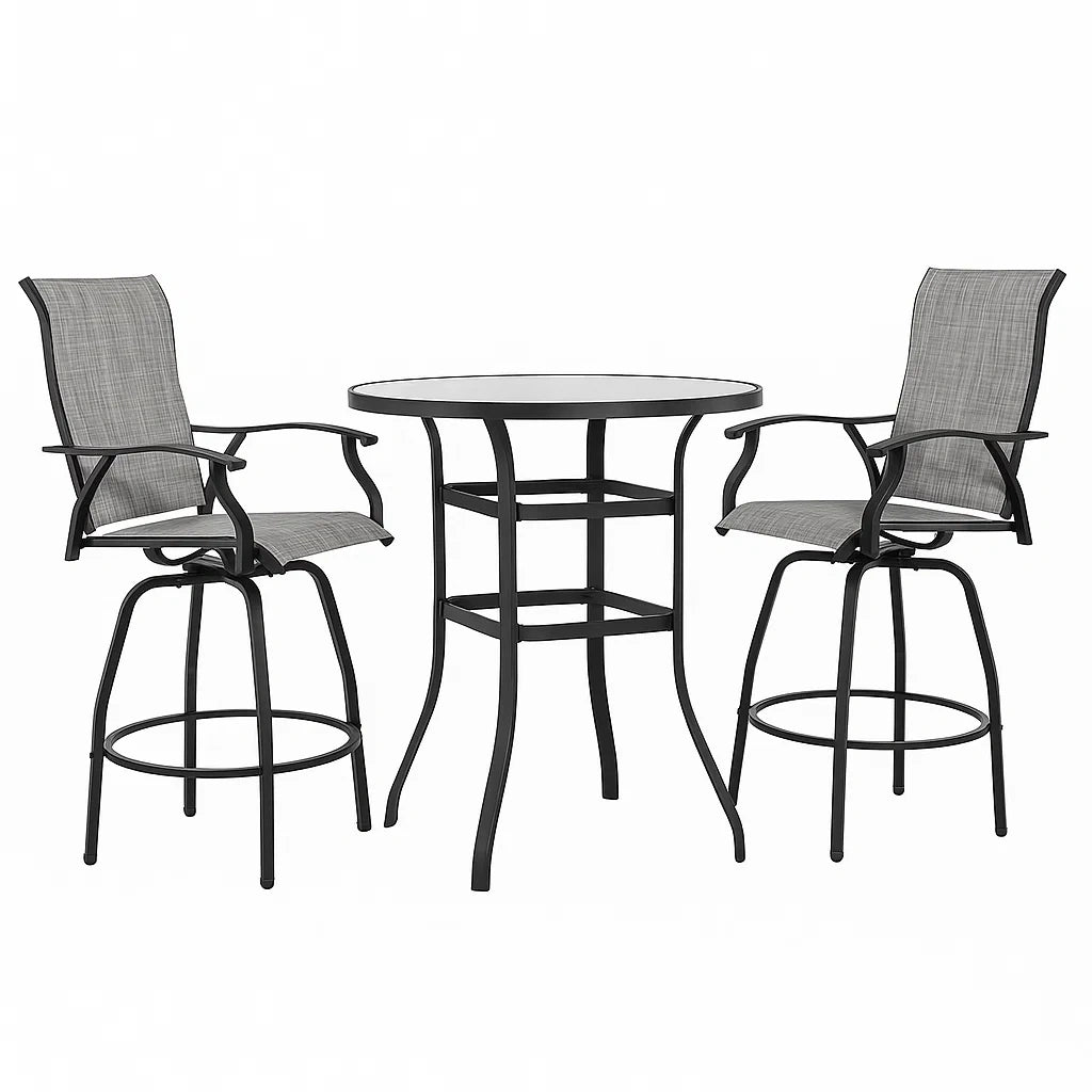 Set da Bar con Tavolo in Vetro Temperato e Sedie in Metallo e Tessuto Grigio