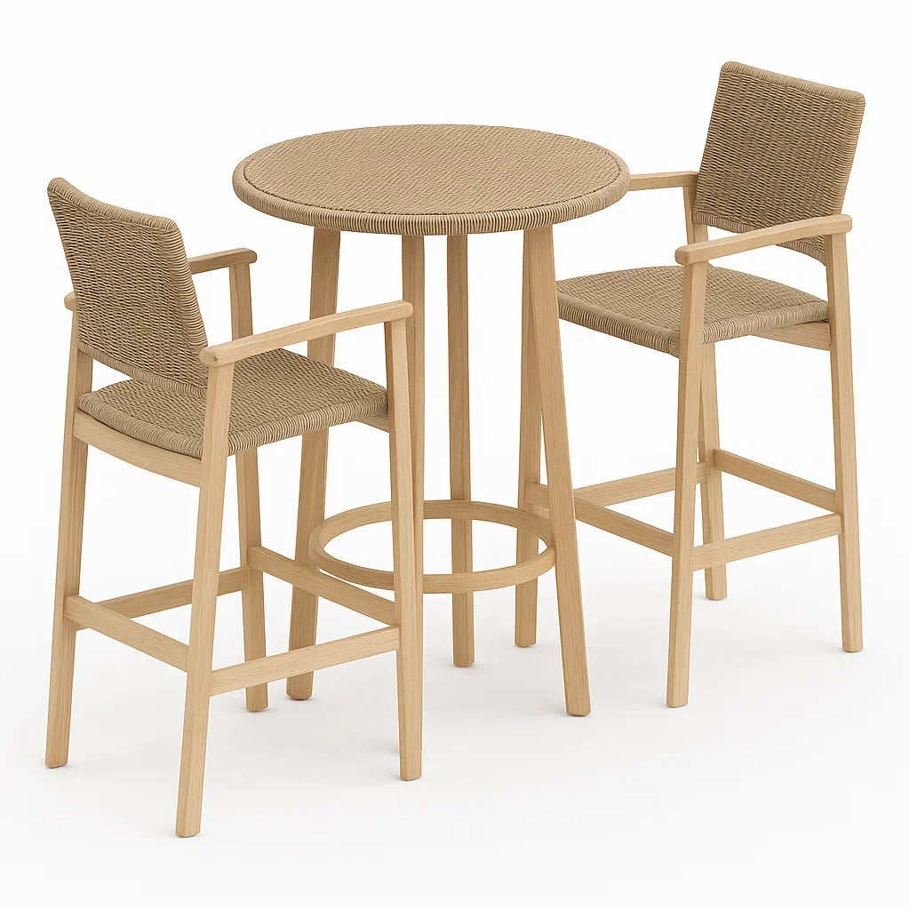 Set da Bar in Legno con Tavolo Rotondo e Sedie in Corda Sintetica