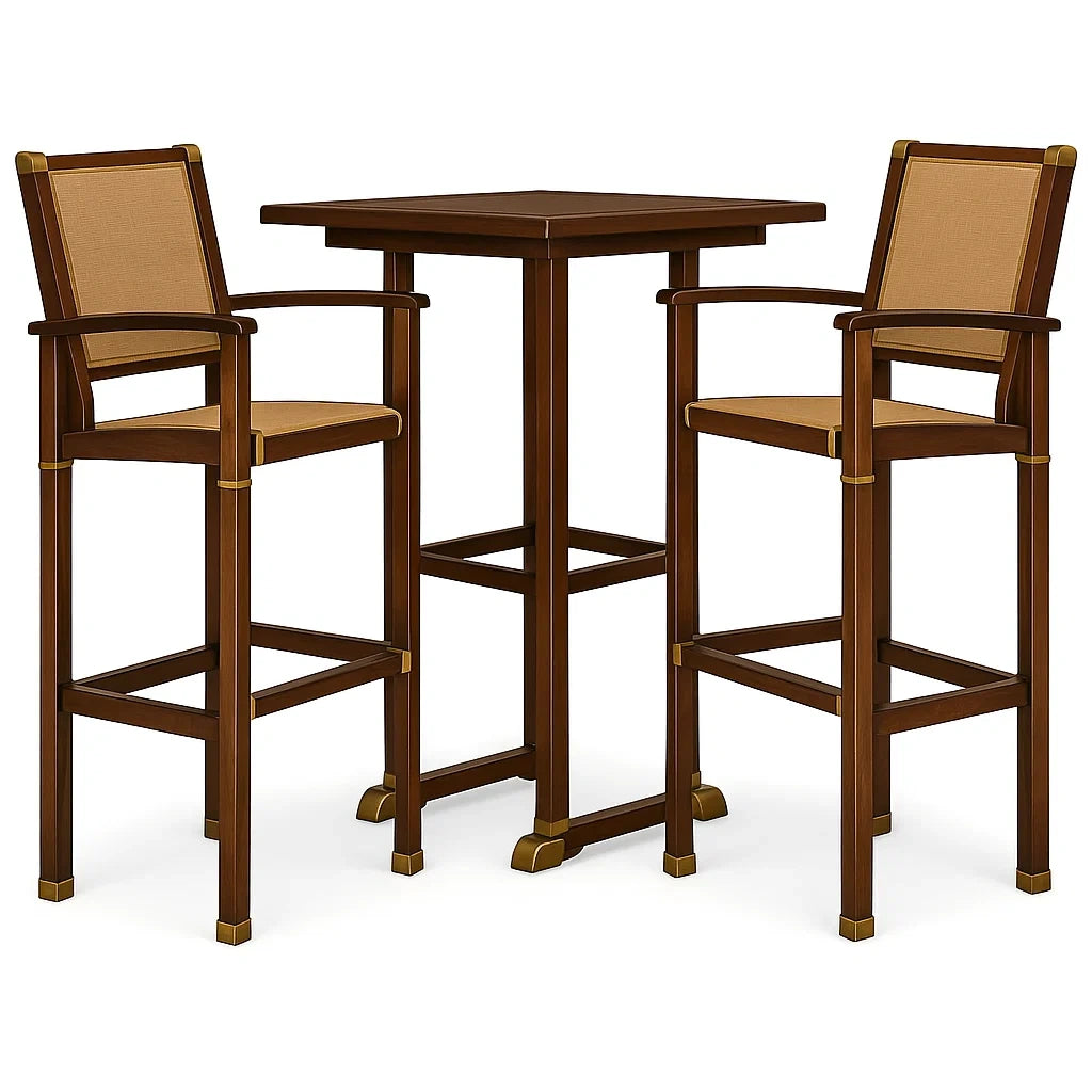 Set tavolo alto in legno con due sgabelli