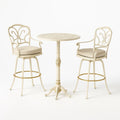 Set tavolo alto e due sgabelli in metallo con cuscini in tessuto crema