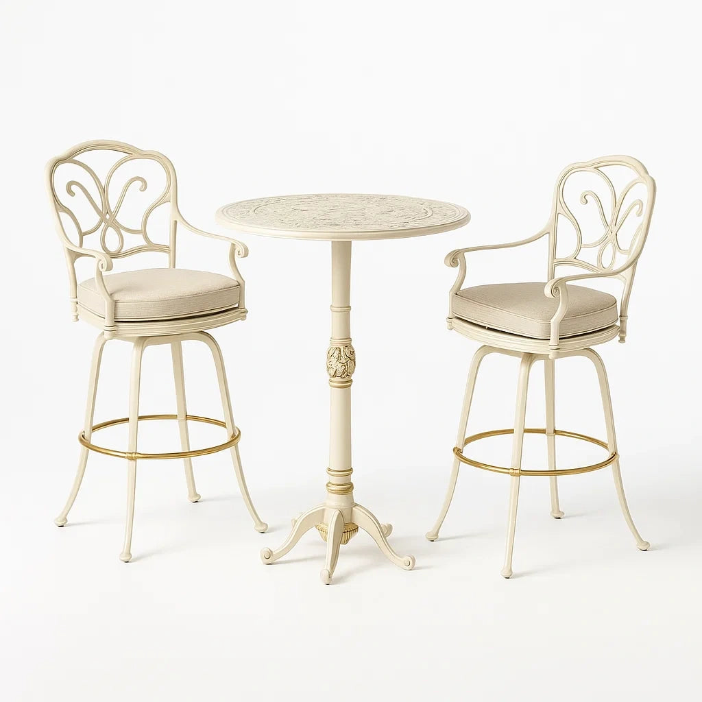 Set tavolo alto e due sgabelli in metallo con cuscini in tessuto crema