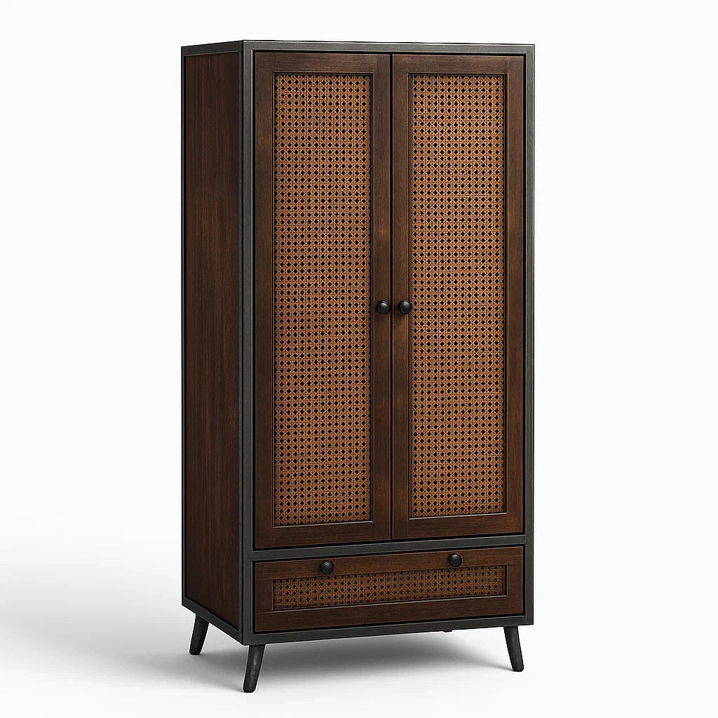 Armadio in Legno e Rattan con Cassetto Marrone