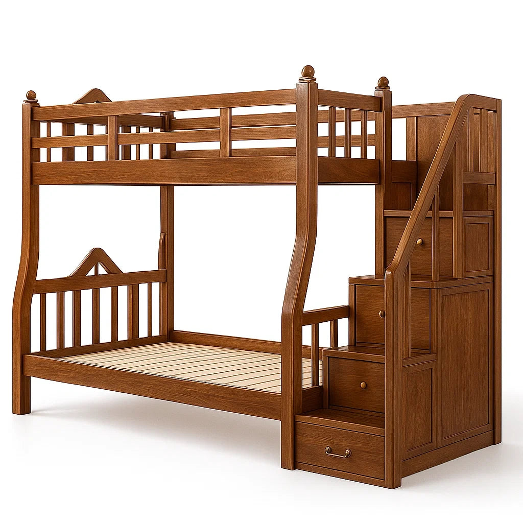 Letto a castello in legno con scale e cassetti, 200x100x180 cm, Marrone