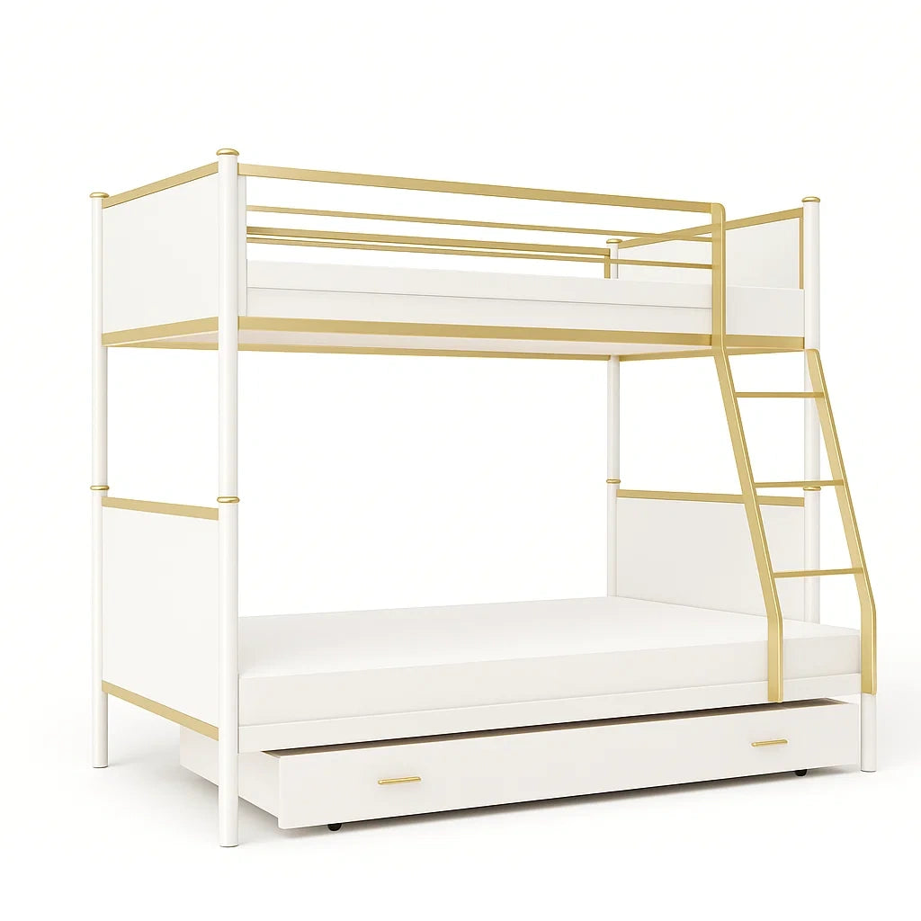 Letto a Castello in Metallo e MDF Bianco e Oro con Cassetto