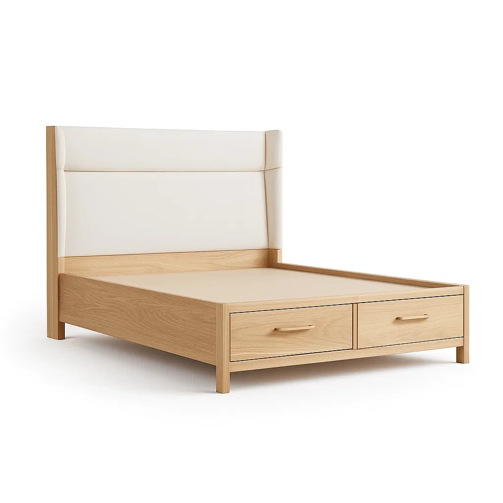 Letto matrimoniale con testiera in ecopelle e struttura in rovere con cassetti 200x160 cm