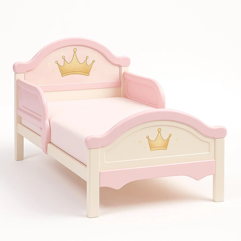 Letto per Bambini in Legno con Motivo Corona Rosa e Crema