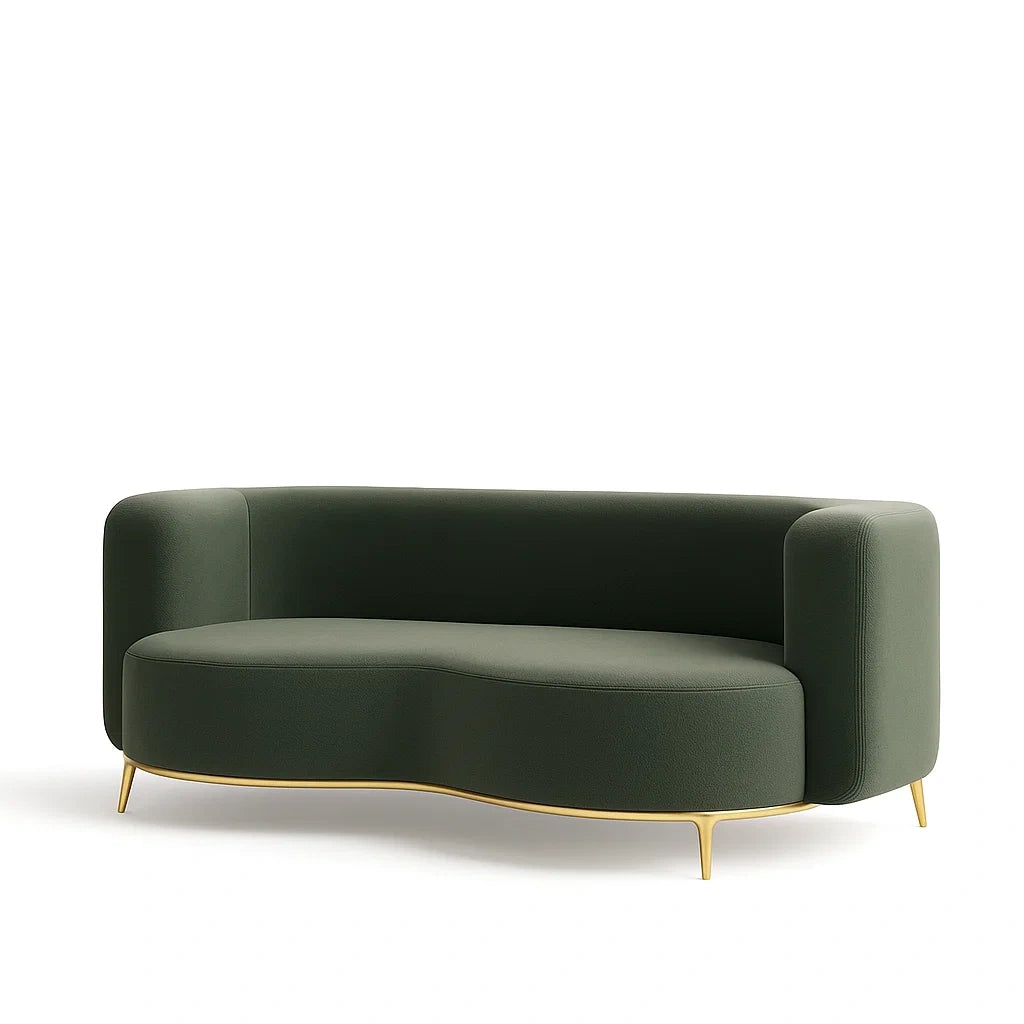 Divano curvo in tessuto verde con gambe in metallo dorato
