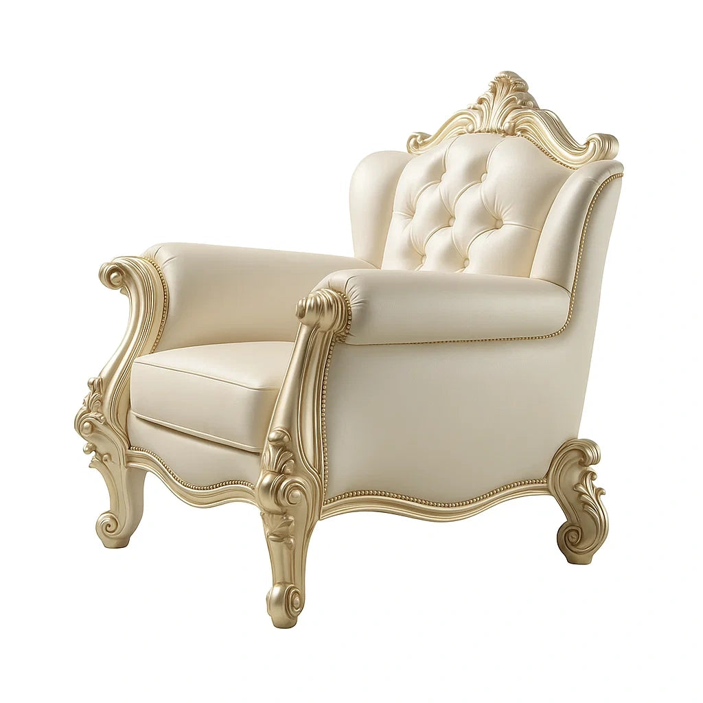 Poltrona in Legno Intagliato e Pelle Sintetica Crema 105x85x110 cm