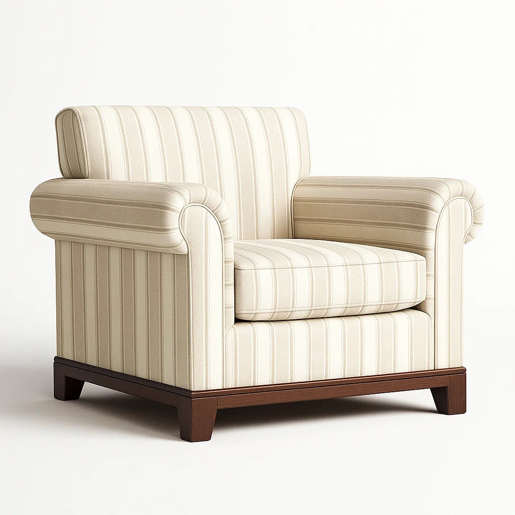 Poltrona in legno e tessuto a righe beige