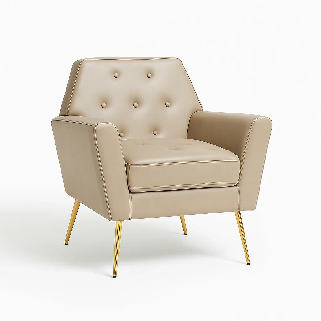 Poltrona in similpelle beige con gambe in metallo dorato