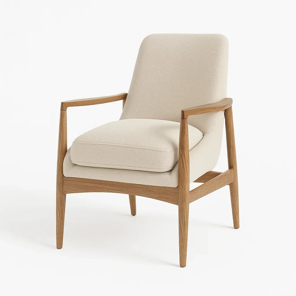 Poltrona in Legno con Rivestimento in Tessuto Beige