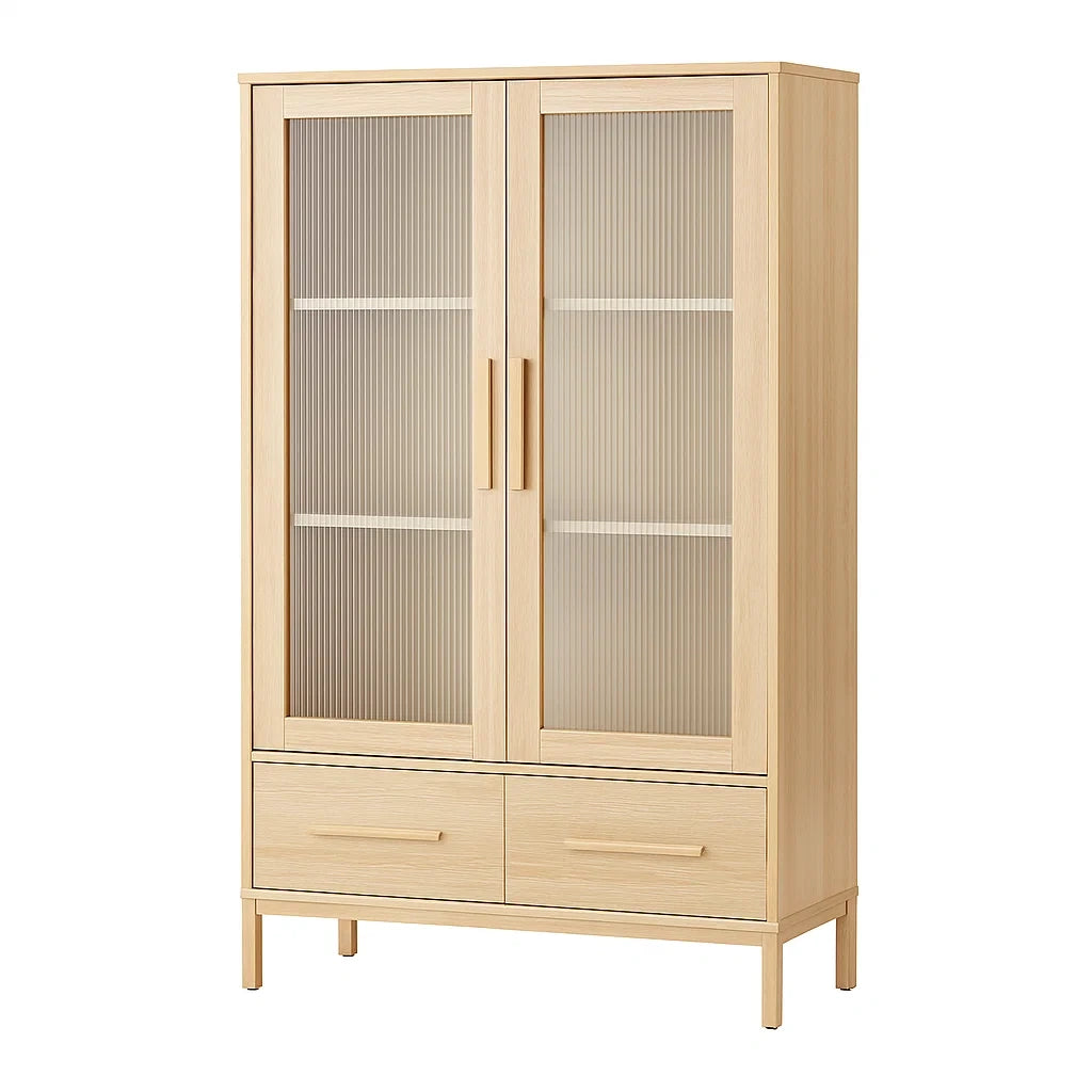 Armadio Libreria in Legno chiaro con Ante in Vetro scanalato 180x90x40 cm