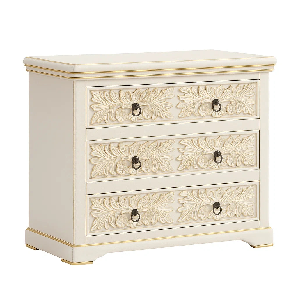 Cassettiera in Legno MDF con Intagli Floreali a 3 Cassetti Avorio