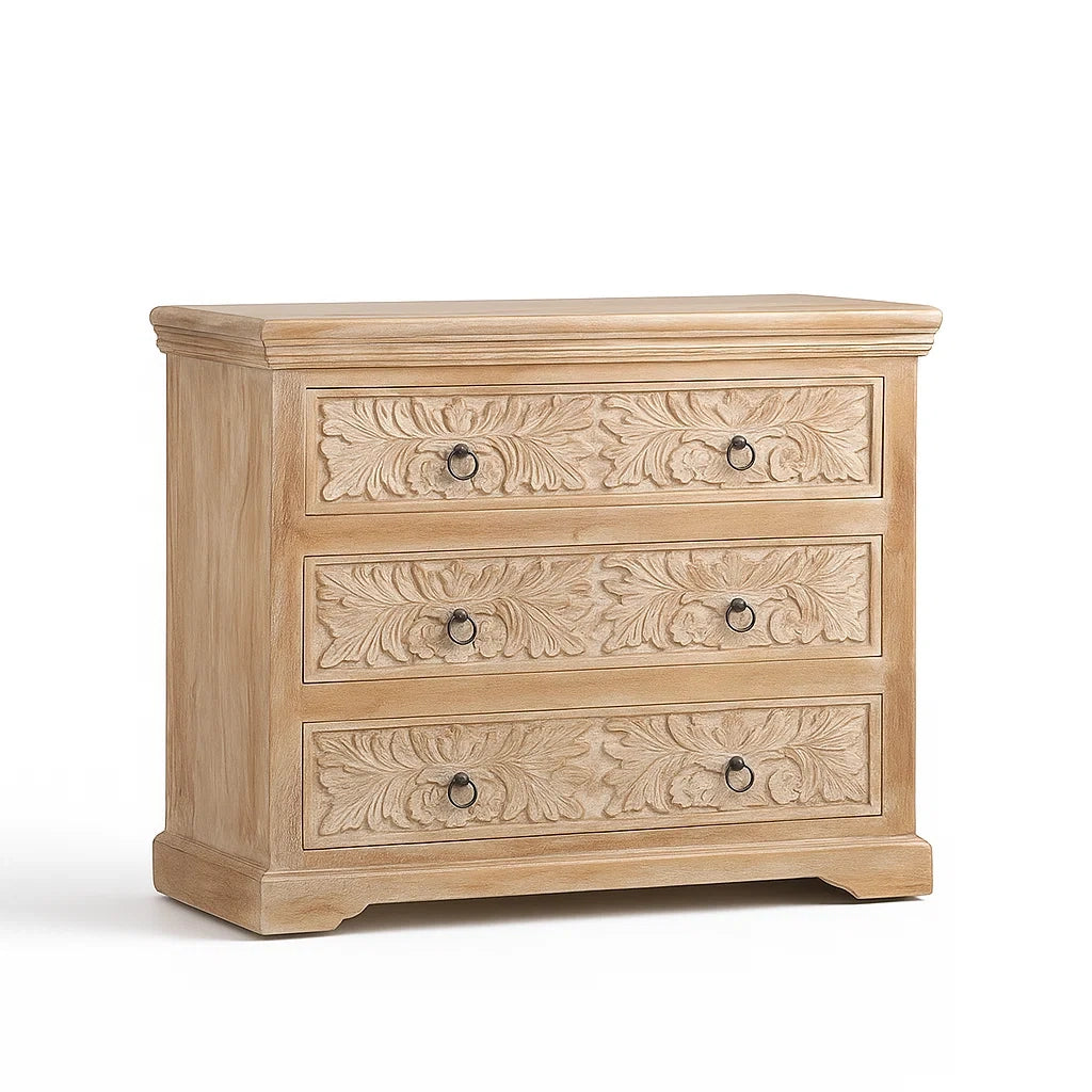 Cassettiera in legno intagliato a 3 cassetti, 90x45x85 cm