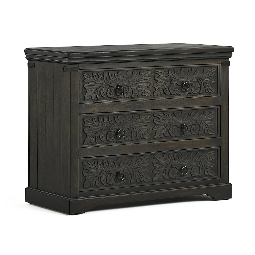 Cassettiera Legno Massello con Intagli, 3 Cassetti, Marrone Scuro
