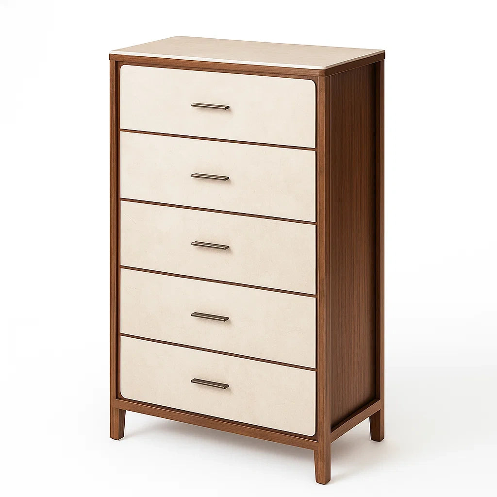 Cassettiera 5 Cassetti in Legno e Pelle Sintetica Beige