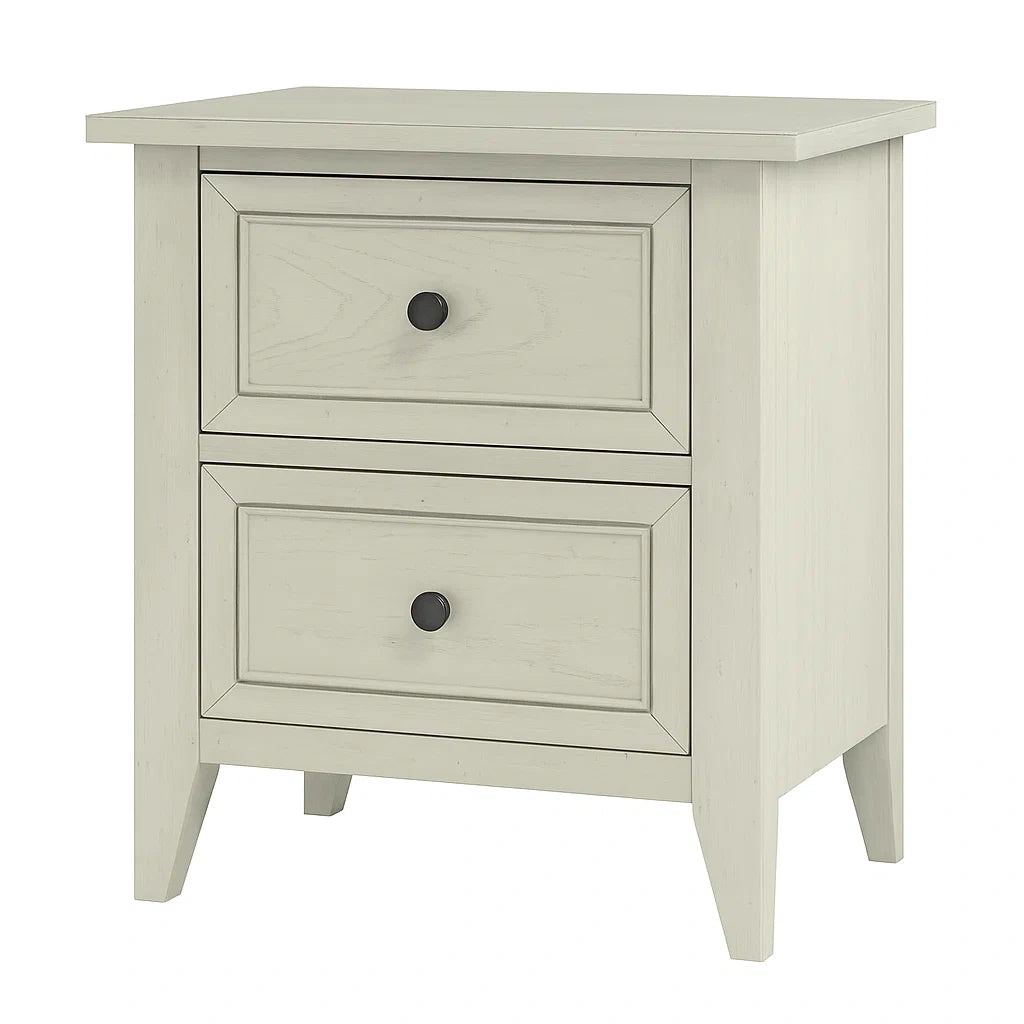 Comodino in Legno Massiccio Crema con Due Cassetti