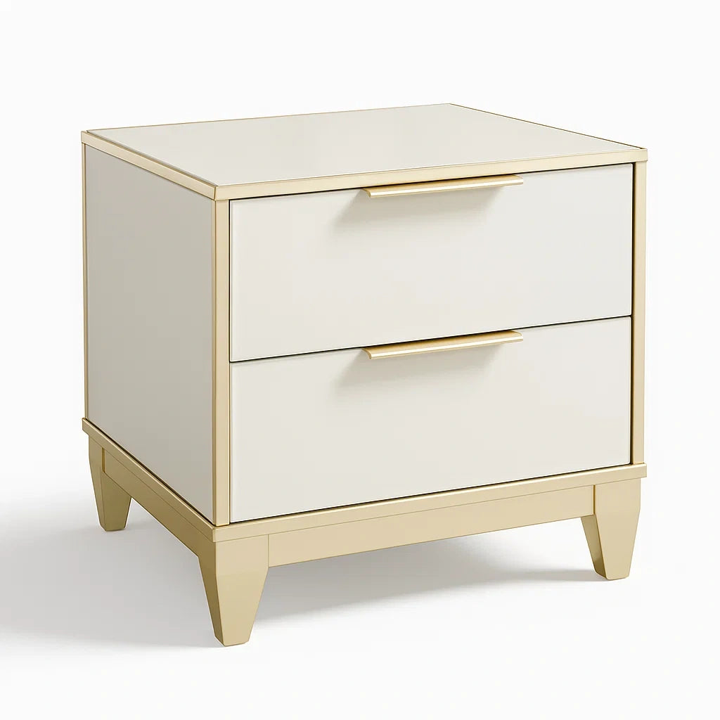 Comodino a 2 Cassetti MDF Bianco e Oro con Maniglie in Metallo