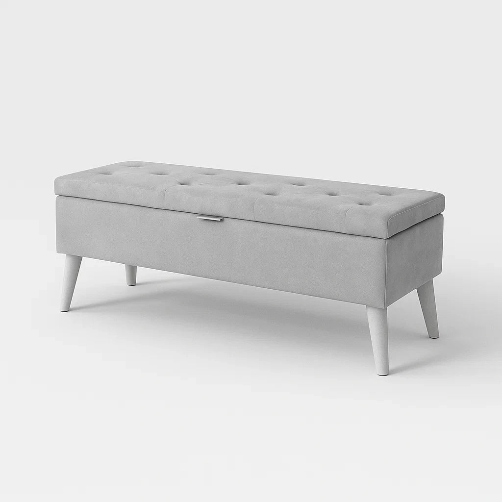 Panca Contenitore in Tessuto Grigio con Gambe in Legno