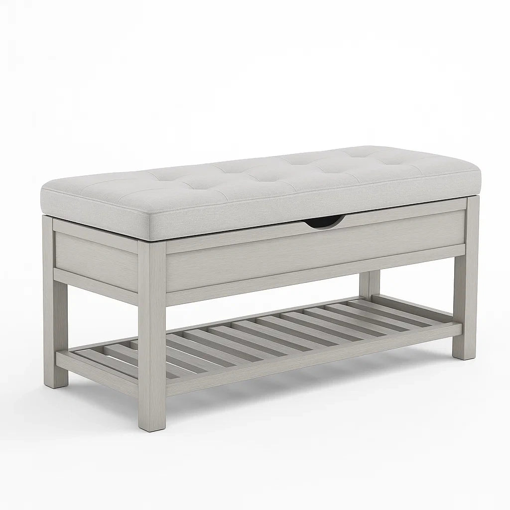 Panca in legno con cuscino in tessuto grigio chiaro