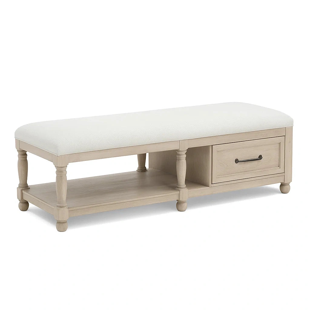 Panca in legno con cassetto e tessuto bianco