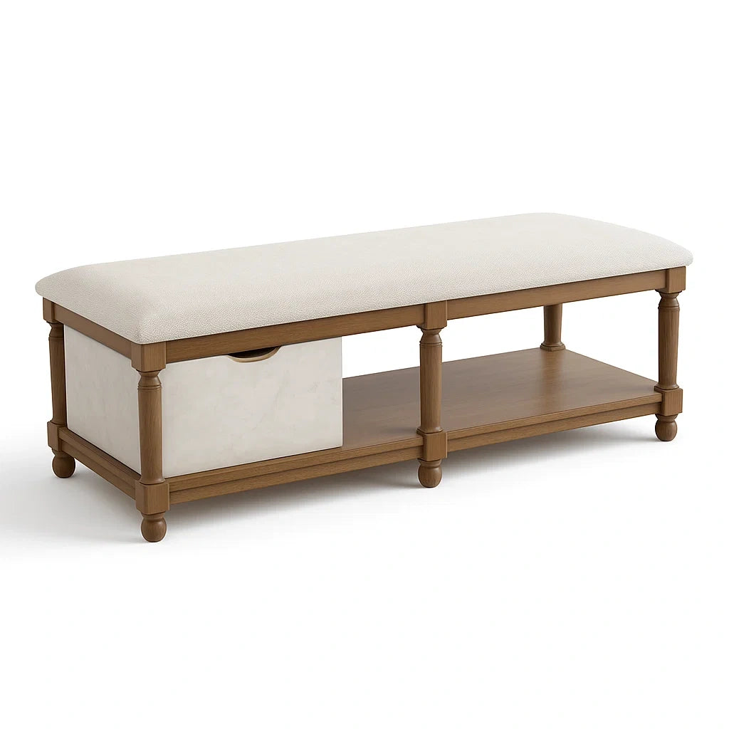 Panca in Legno con Cuscino in Poliestere e Contenitore Beige