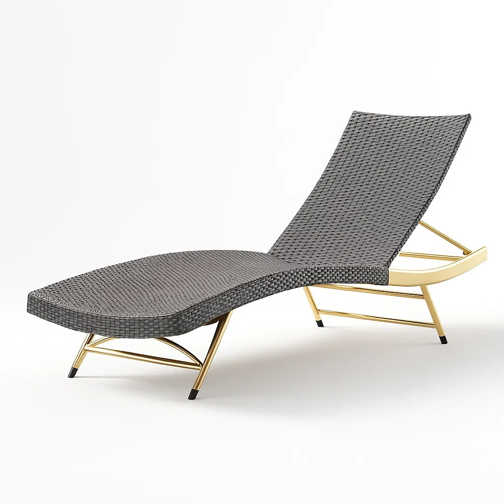 Sdraio da Esterno in Polyrattan Grigio con Struttura in Metallo Dorato